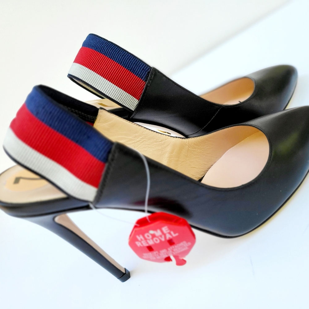 NWOT GUCCI Sylvie 75 Black Leather Red Slingback Strap Sandal Mule Heel Pump37.5 - Picture 5 of 16